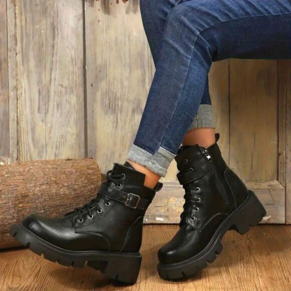 Ladies chunky ankle combat boots - Picture 4 of 8